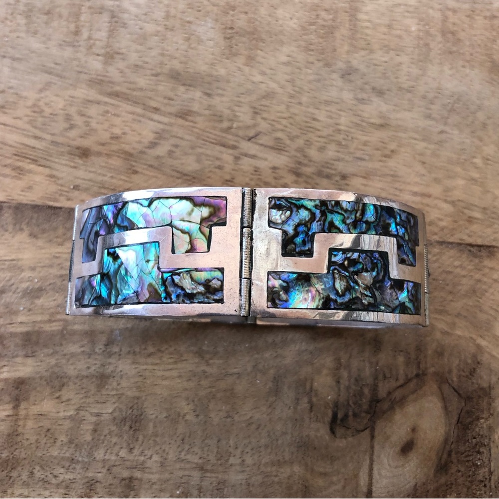 925 sterling silver & abalone gorgeous hinged link bracelet made in Mexico - Picture 3 of 16